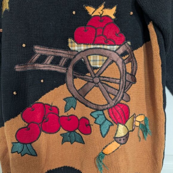 Vintage Apple Picking Sweater Womens Size Large Black Beaded V Neck Pullover - Picture 4 of 10